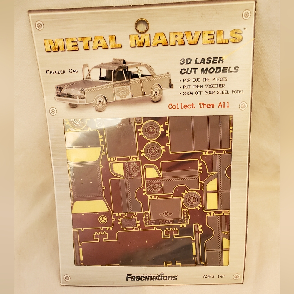 Metal Marvels Fascinations 2011 Checker Cab 3D Laser Cut Steel Model Kit NOS